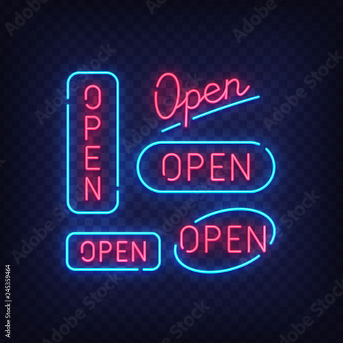 Isolated neon sign set. Open sign, label, emblem. Bright signboard, light banner. Vector illustration