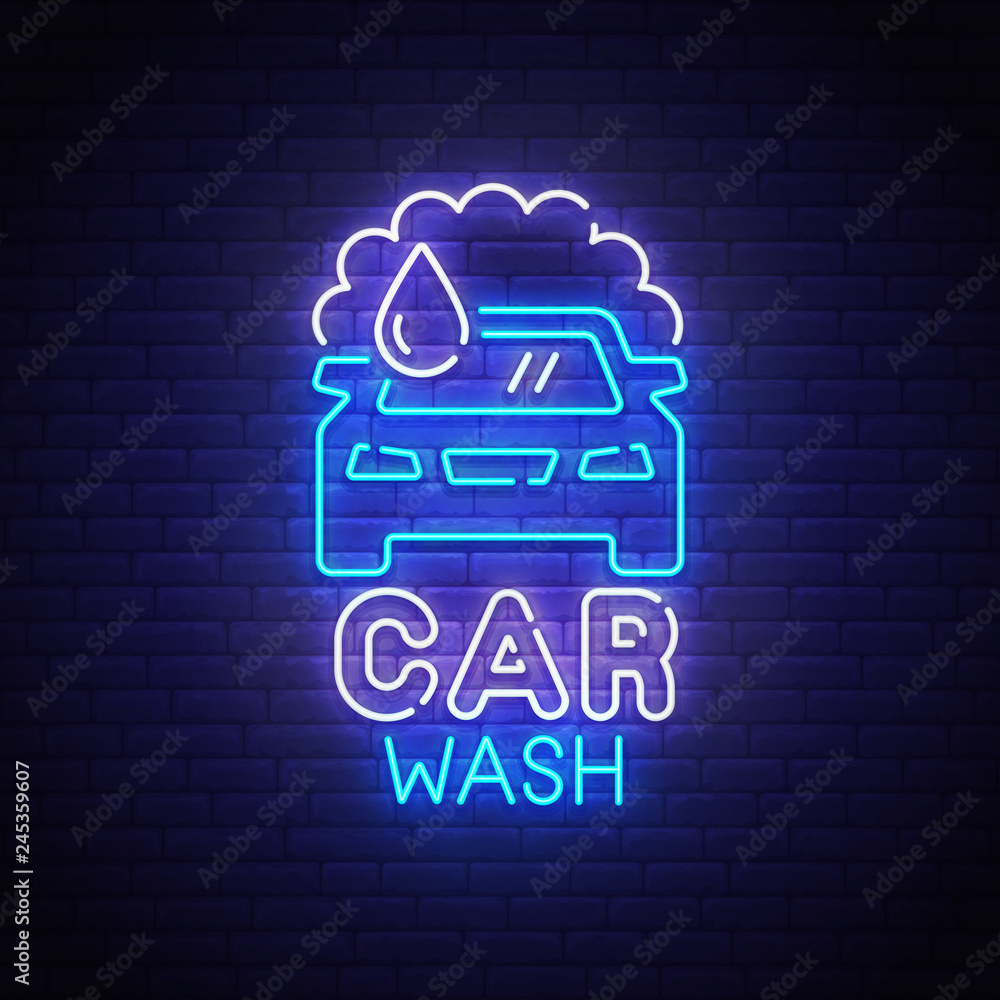Car Wash neon sign, bright signboard, light banner. Car wash logo neon