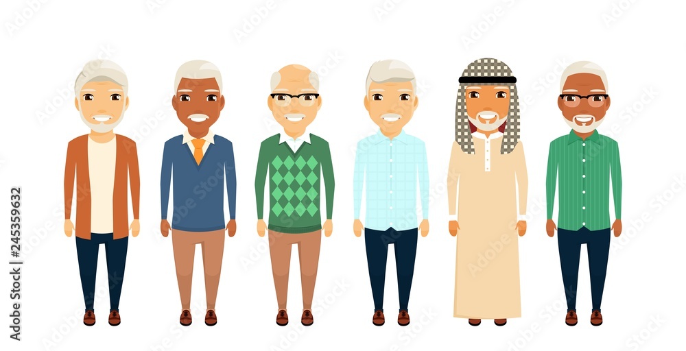A group of old men. Set of different men, retirement age. In flat style on white background. Cartoon. A group of old men. Set of different men, retirement age. In flat style on white background. Cartoon.