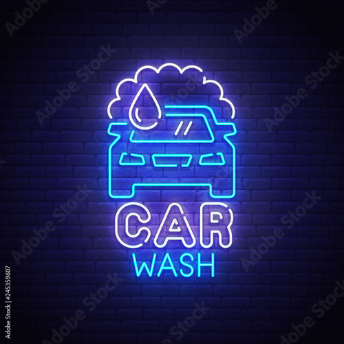 Car Wash neon sign, bright signboard, light banner. Car wash logo neon, emblem. Vector illustration