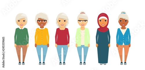 A group of old women. Set of different women, retirement age. In flat style on white background. Cartoon.