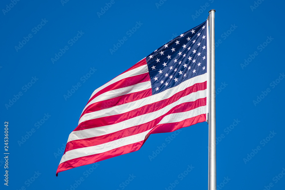 Obraz premium Flag of United States of America waving in wind, against clear sky