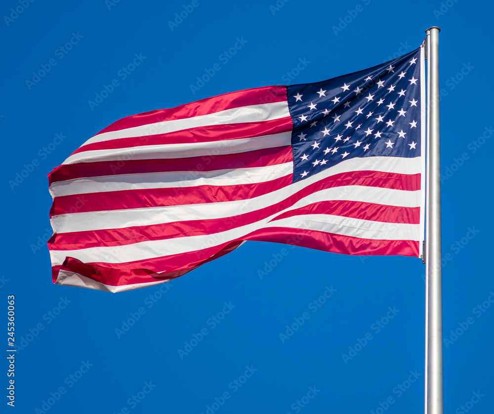 Obraz premium Flag of United States of America waving in wind, against clear sky