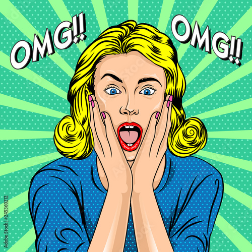 Pop Art Retro Girl. Surprised OMG shocked woman.Vector illustration comic style