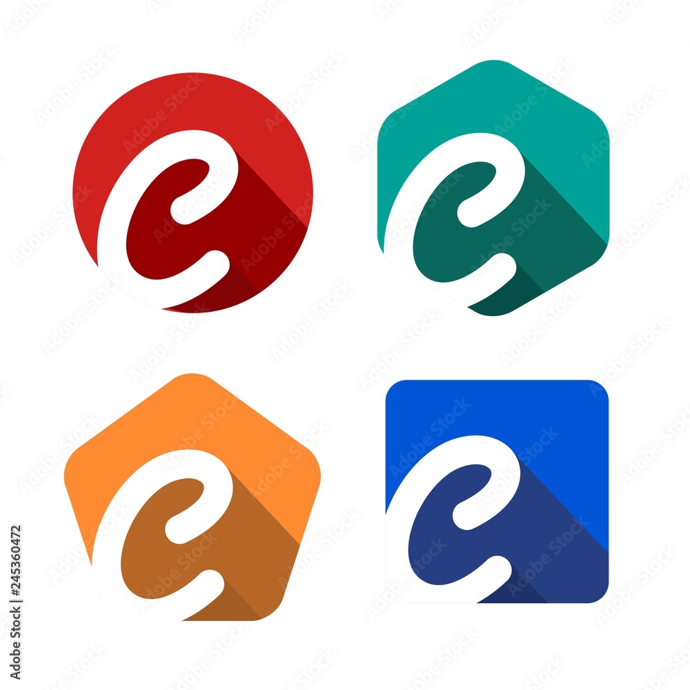 Creative handwritten white letter C inscribed in a circle, square, pentagon, hexagon with falling shadows. For your monogram, logo, emblem. Flat design. Four color palettes Creative handwritten white letter C inscribed in a circle, square, pentagon, hexagon with falling shadows. For your monogram, logo, emblem. Flat design. Four color palettes