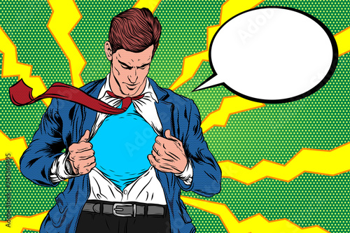 Pop Art Retro, A man Open Cloth. Super hero male businessman. Corporate, courage, Vector Illustration