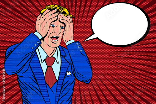 Pop Art Retro. Stressed Businessman . holding his head. Disappointed Man, Vector Illustration