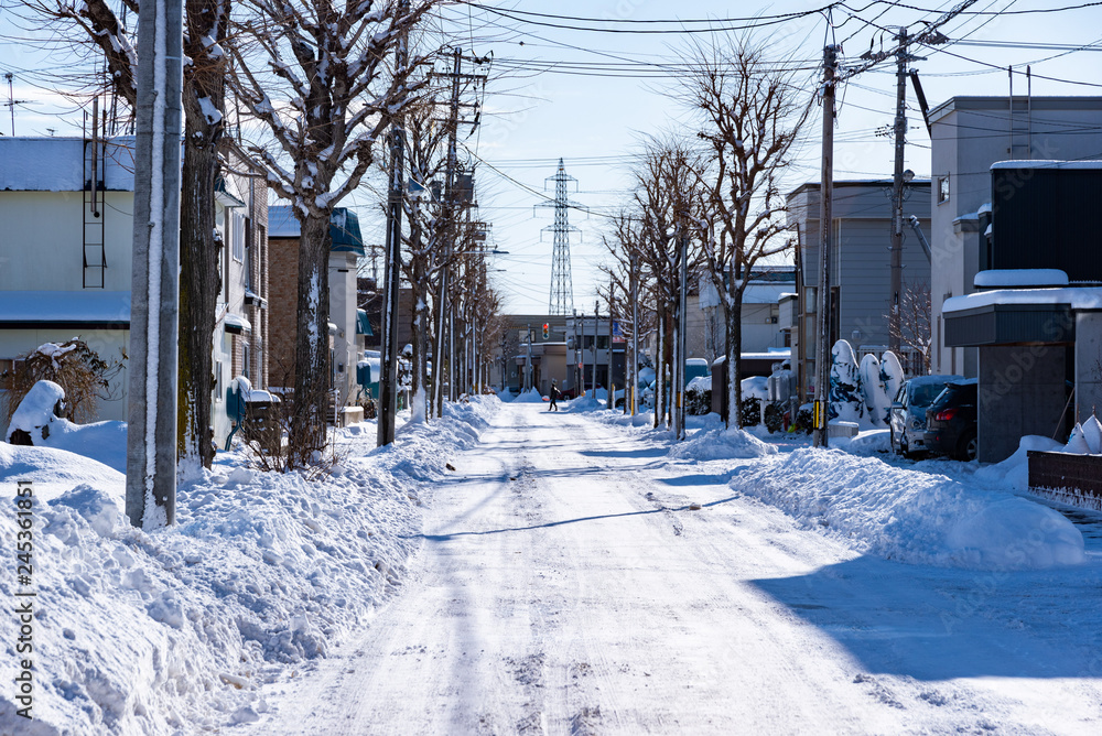 Fototapeta premium 冬の市街地 / 雪が降り積もった北海道の住宅街