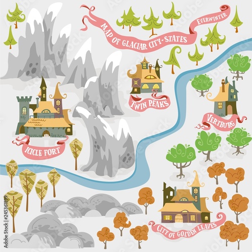 Fairy tale fantasy map of Everwinter Realm and City states in colorfule vector illustrations photo