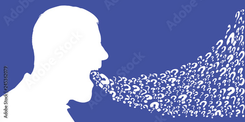 Concept du savoir avec un homme qui s’interroge en ouvrant la bouche, de laquelle sort plein de points d’interrogations