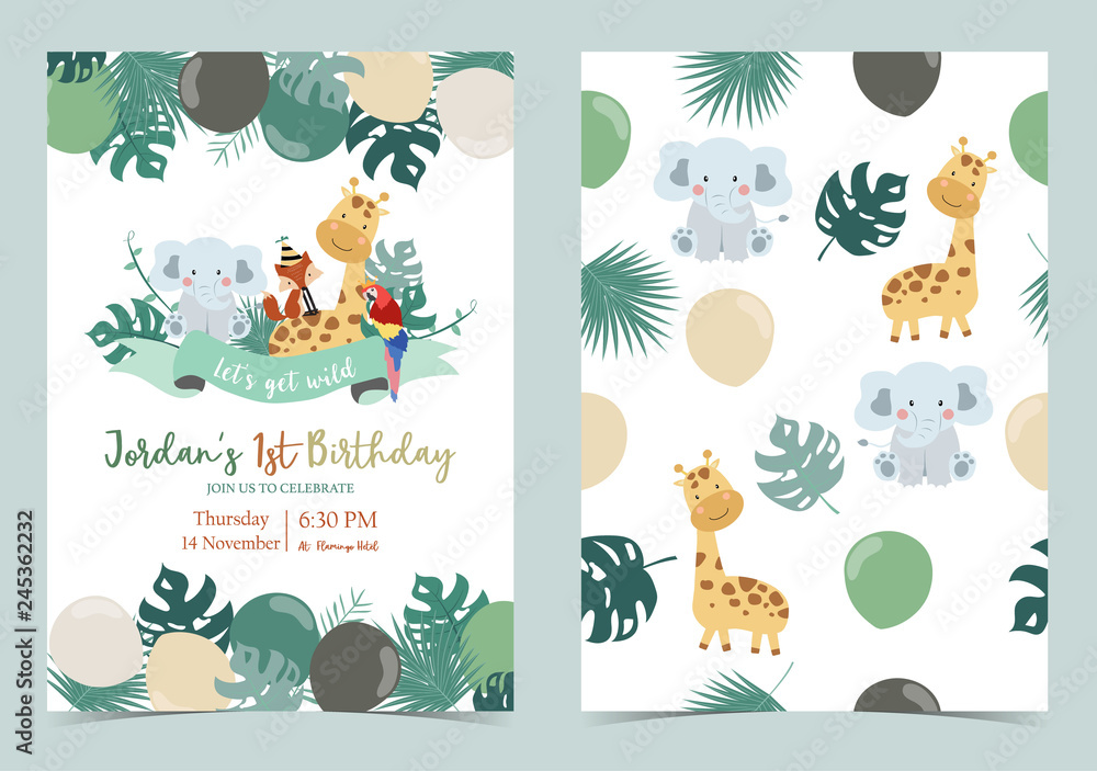 Fototapeta premium Green birthday card with elephant,fox,giraffe,parrot,ribbon and balloon