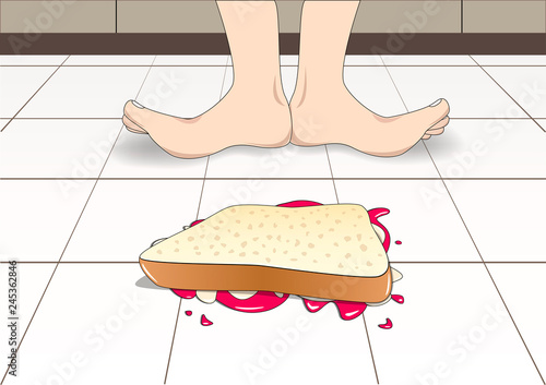 bread with butter and jam fell on the floor top down, horizontal vector illustration