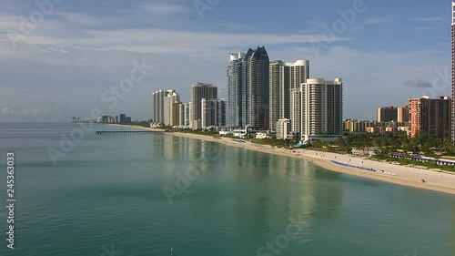 Aerial city view Newport Pier Trump Towers Miami 