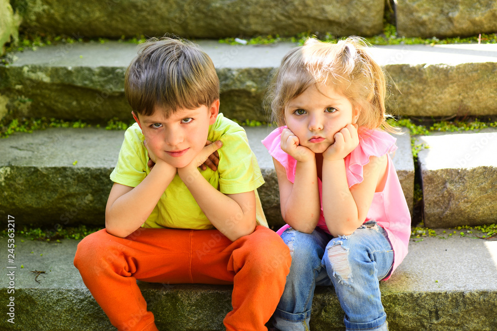 Small Girl And Boy On Stairs Relations Summer Vacation Childhood First Love Couple Of Little Children Sad Boy And Girl Best Friends Friendship And Family Values Beautiful Little Girl And Boy Stock