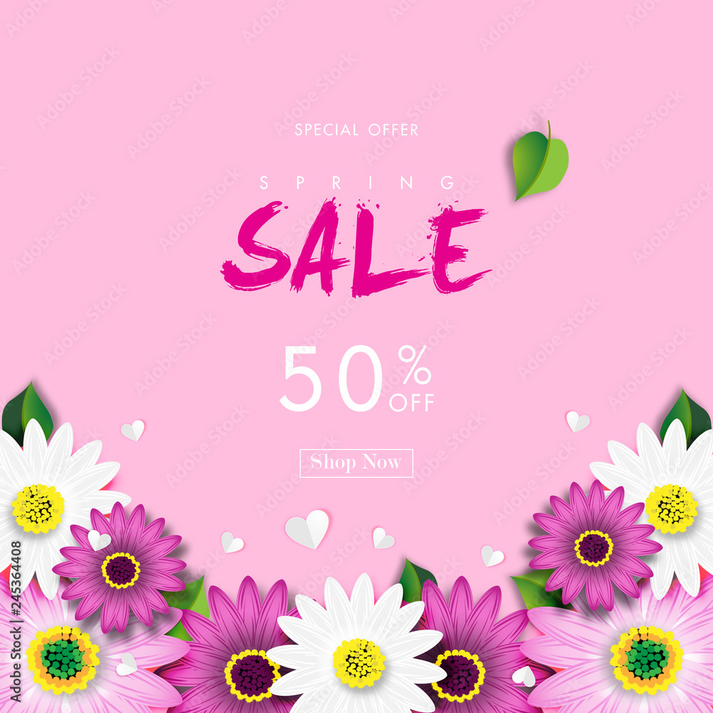 Spring Sale Off Background with Colorful Daisy Flower Blossom Design Vector