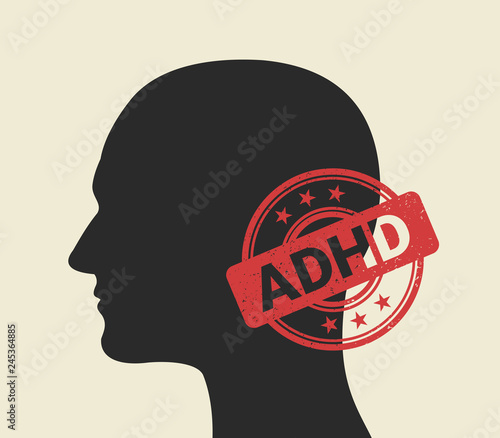 Person with ADHD diagnosis. ADHD stamp - positive confirmation and certification of diagnosis. Mental disorder - hyperactivity and inattention. Labelling of patient. Vector illustration