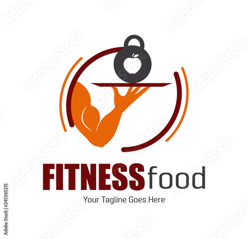 Modern concept Fitness or nutriction Food. Muscle arm serving the dish with heavy dumbbell. Design for print, emblem, t-shirt, icon, sign sticker, logotype.