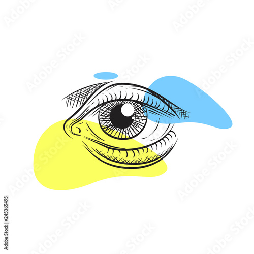 Eye in pencil art style. Creative yellow and blue color. Vector illustration design.