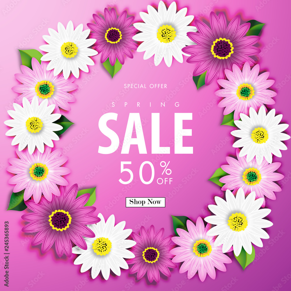 Spring Sale Off Background with Colorful Daisy Flower Blossom Design Vector