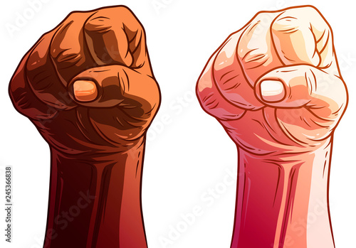 Cartoon detailed graphic white and black human hands. Showing rebel knuckle gesture or sign. Isolated on white background. Vector icons set.