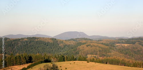 Beskidy Mountains at sunset in autumn. View from Slotwiny, Krynica-Zdroj, Poland.