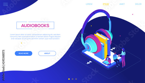 Listening to audiobooks - modern colorful isometric vector web banner