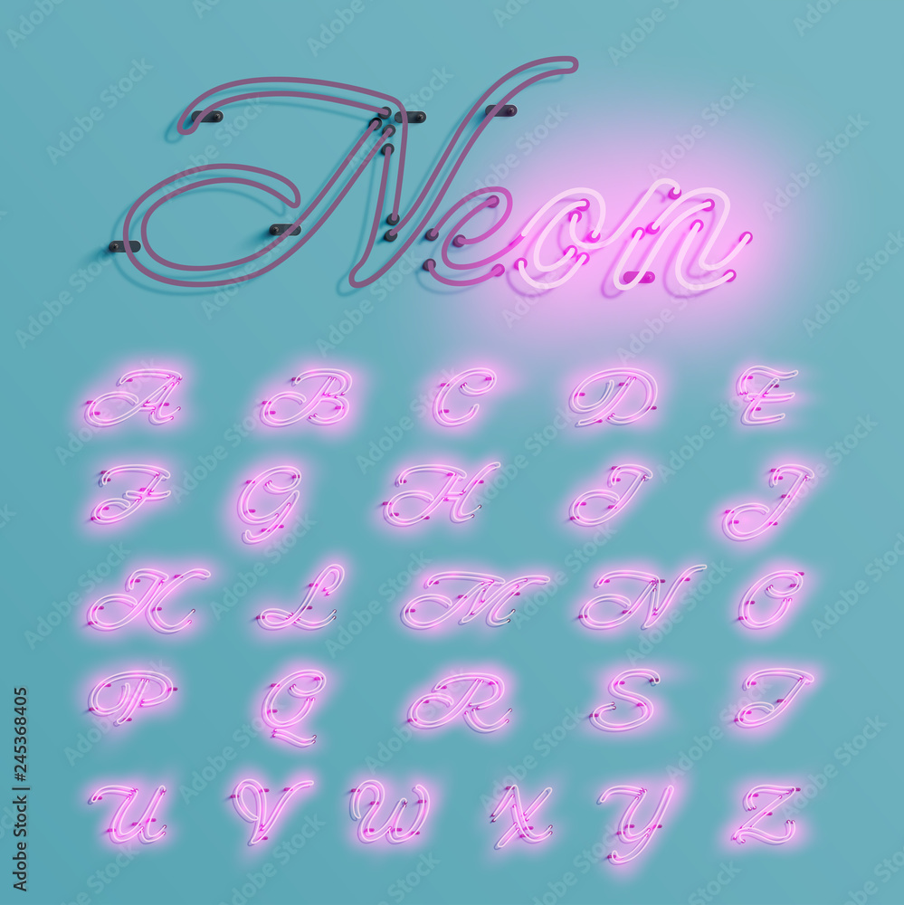 Obraz premium Realistic neon character typeset, vector