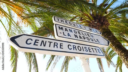 Street signs with direction and names on Boulevard in Cannes France