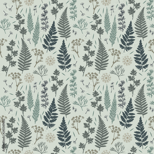 Seamless Textile Pattern with forest herbs and plants.
