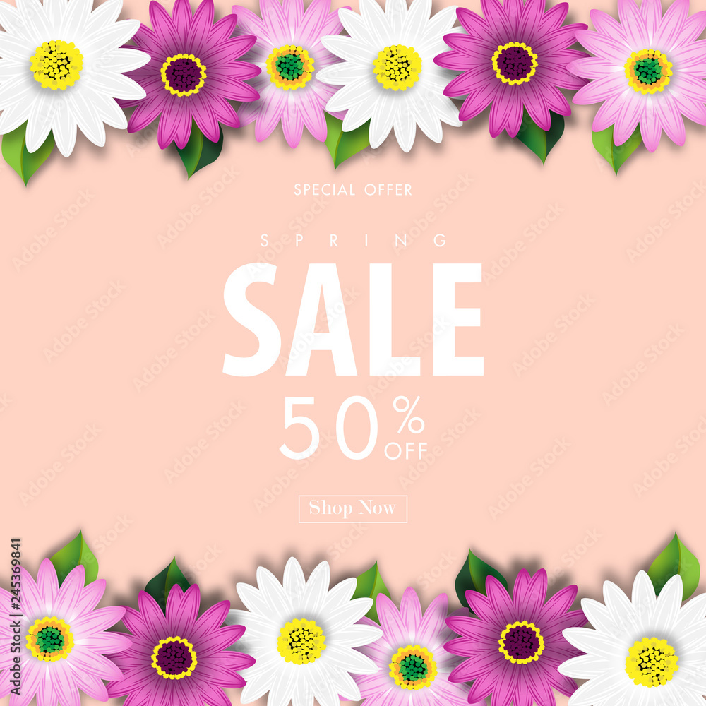 Spring Sale Off Background with Colorful Daisy Flower Blossom Design Vector