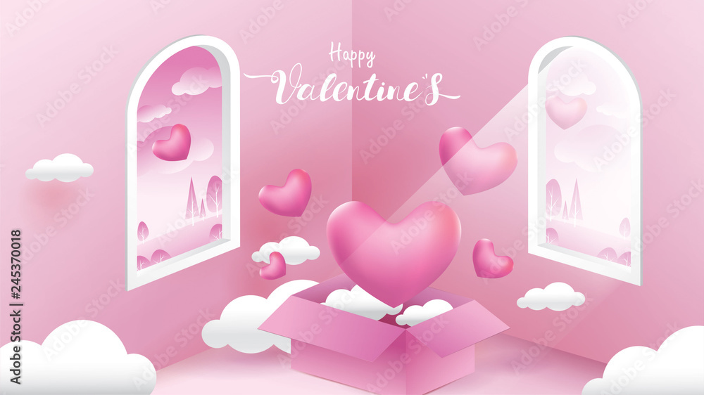 Cute and sweet elements in shape of heart, box of gift flying on pink background. Vector symbols of love for Happy Women's, Mother's, Valentine's Day, birthday greeting isometric design Cute and sweet elements in shape of heart, box of gift flying on pink background. Vector symbols of love for Happy Women's, Mother's, Valentine's Day, birthday greeting isometric design