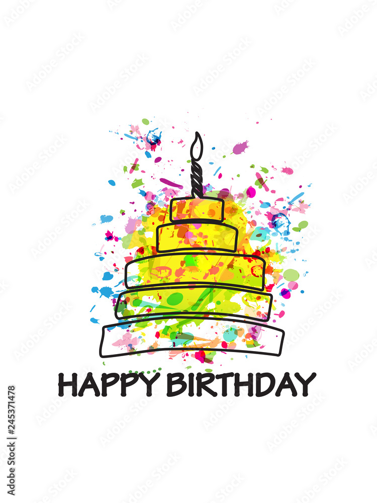 Colorful happy birthday cake greeting card vector illustration design. Birthday celebration invitation with cake and burning candle