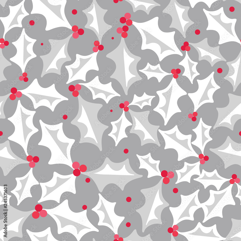 Seamless pattern with red and silver holly leaf design, vector illustration Seamless pattern with red and silver holly leaf design, vector illustration