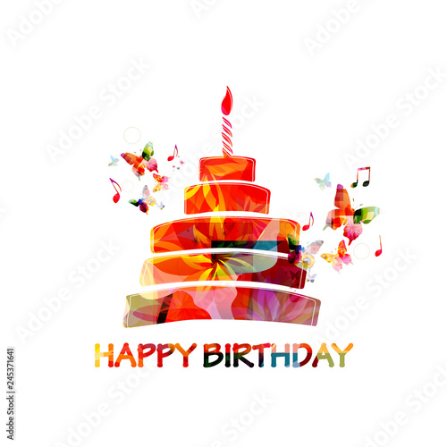 Colorful happy birthday cake greeting card vector illustration design. Birthday celebration invitation with cake and burning candle