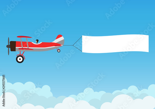 Retro airplane flying with advertising banner on blue sky - Vector illustration © angyee