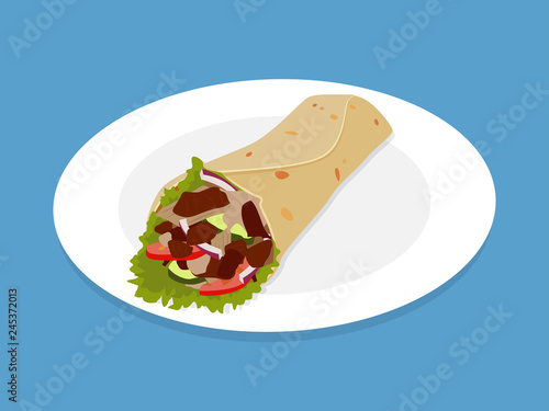 Kebab Doner or Shawarma fast food on plate - Vector illustration