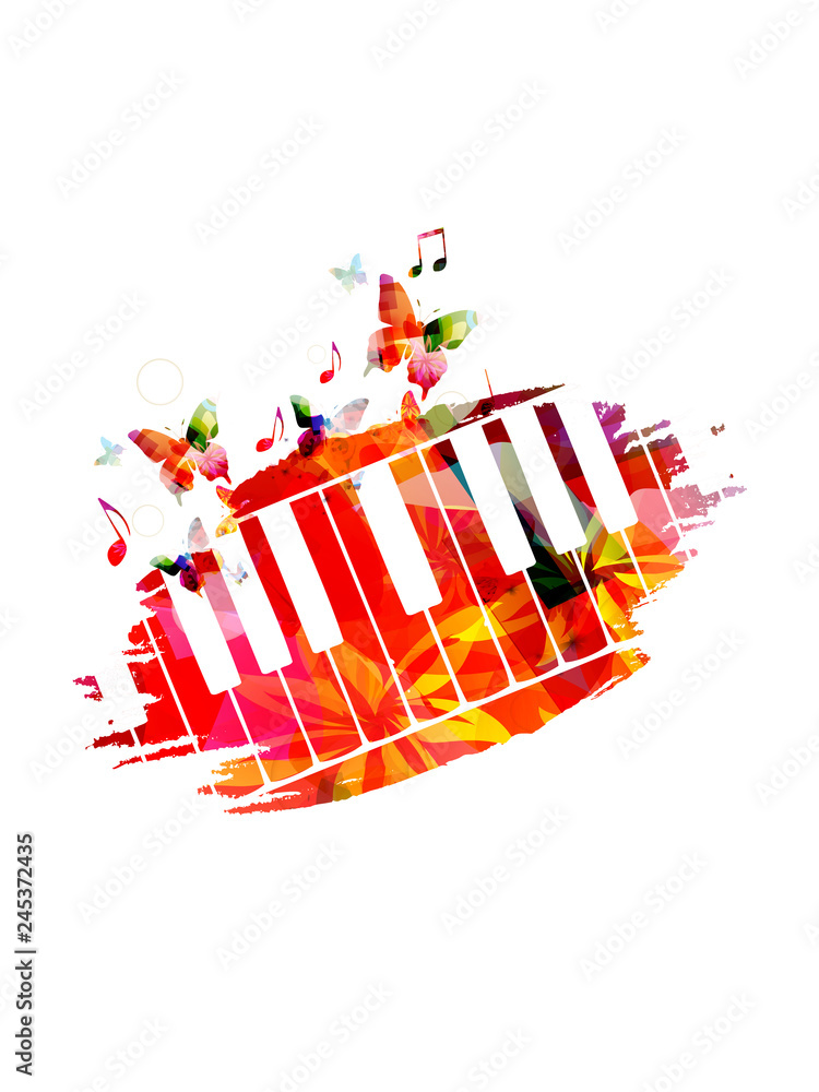 Fototapeta premium Colorful piano keyboard with music notes isolated vector illustration design. Music background. Music instrument poster with music notes, festival poster, live concert events, party flyer