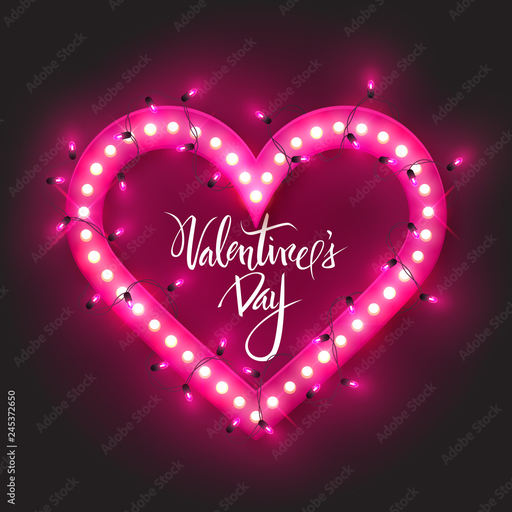 Valentine's Day card, retro neon heart with led lights, vector illustration