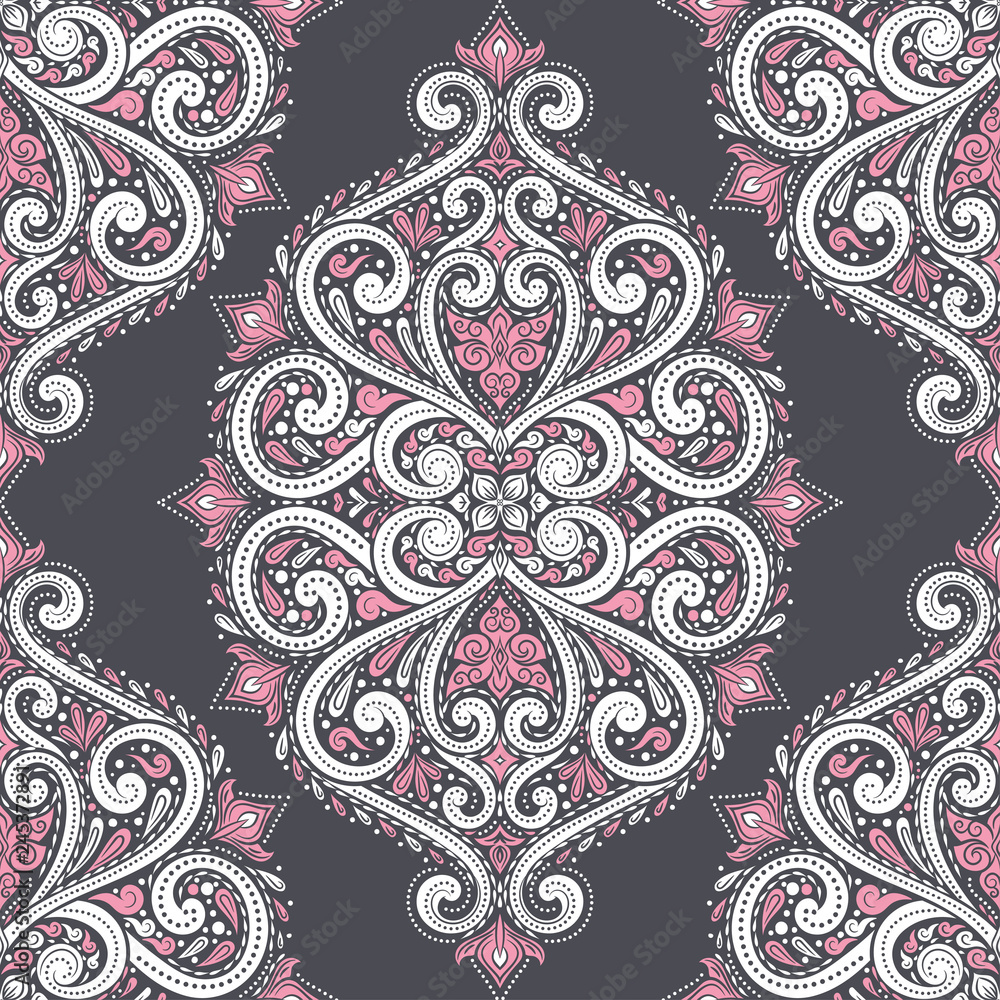 White, black and pink floral seamless pattern. Vintage vector, paisley elements. Traditional,Turkish, Indian motifs. Great for fabric and textile, wallpaper, packaging or any desired idea.