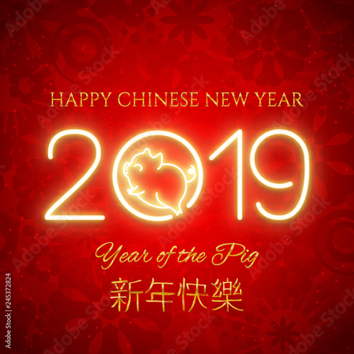 Happy Chinese New Year of the pig 2019, decorative postcard, banner with cute animal symbol, vector illustration