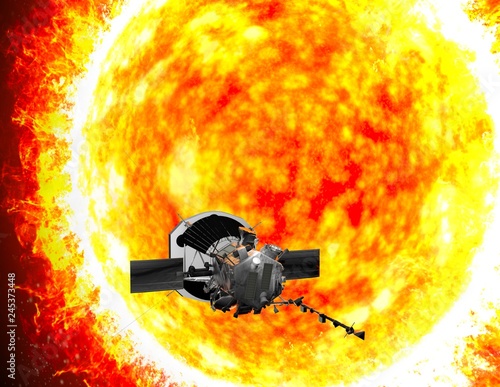 Parker Solar Probe in viaggio verso il sole. Lo scopo della sonda è quello di analizzare attentamente il Sole e il suo vento solare. 3d rendering
