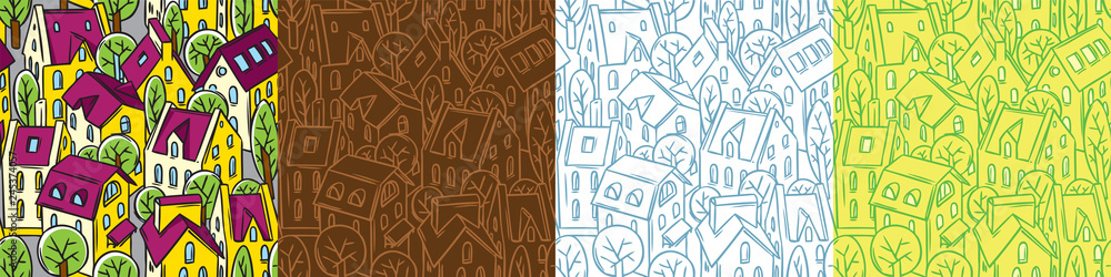 City seamless pattern set with roofs and trees