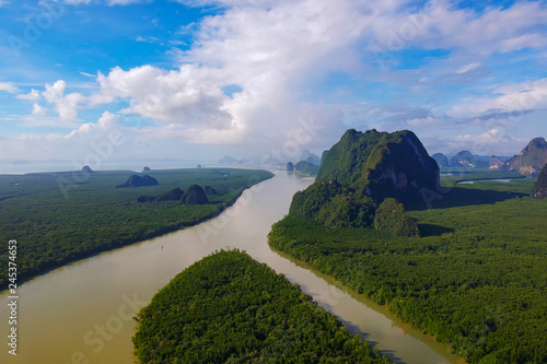 Aerial view, Beautiful sunrise at Ao Phang Nga National Park, Thailand