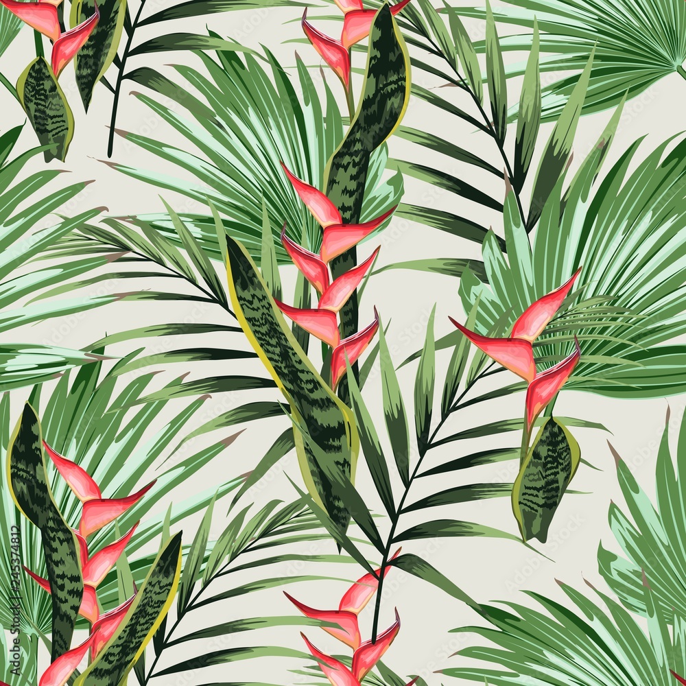 Fototapeta Bezszwowy wzór z tropikalnymi liśćmi i raju heliconia kwiatami. Ciemne i jasne zielone liście palmowe na jasnym tle. Tropikalna ilustracja. Liście dżungli.