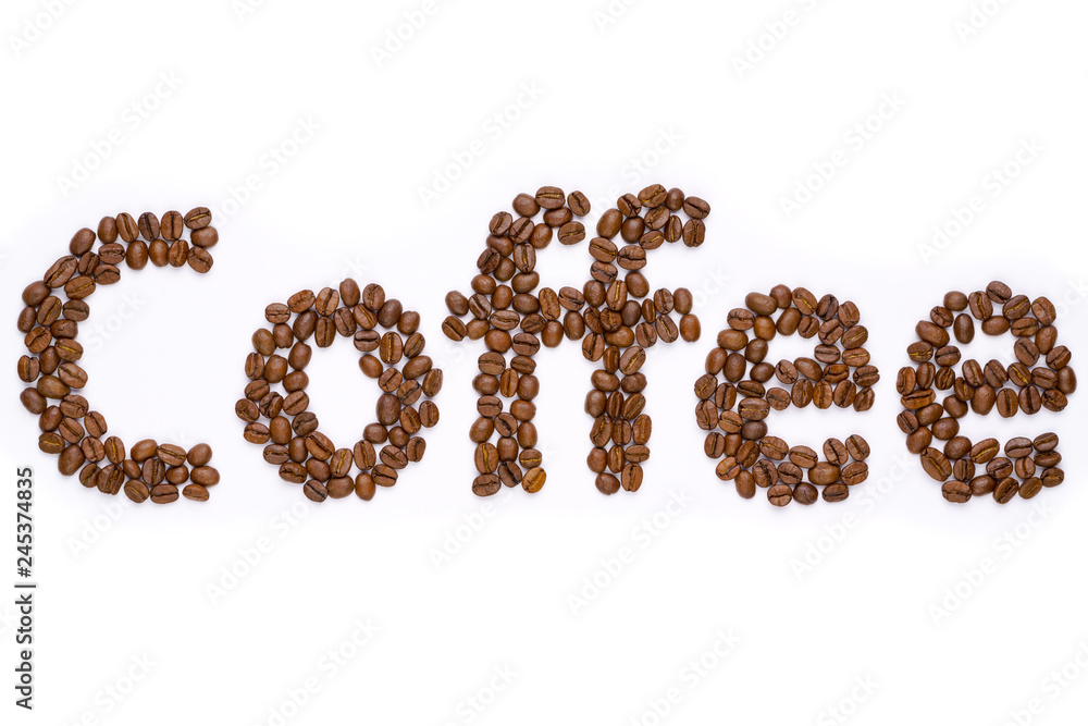 Coffee beans in the shape of the word coffee isolated on white background. Coffee beans in the shape of the word coffee isolated on white background.