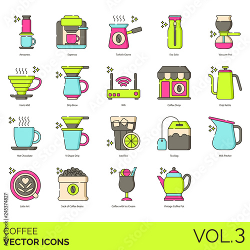 Coffee icons including aeropress, espresso, turkish gezve, eva solo, vacuum pot, hario v60, drip brew, wifi, shop, kettle, hot chocolate, v shape, iced tea, bag, milk pitcher, latte art, sack of beans