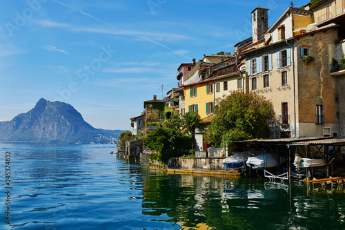 Scenic view of Gandria village near Lugano from the lake, Switzerland photo
