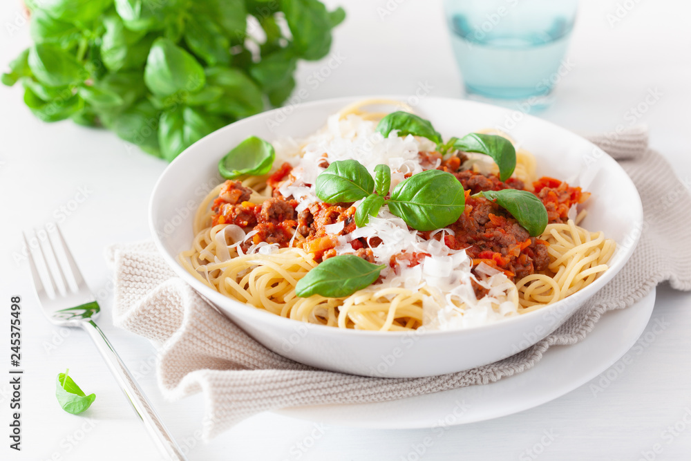 spaghetti bolognese with basil and parmesan, italian pasta