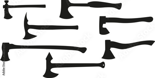 Set of all kinds of axes. Black silhouette axe. Vector illustration.