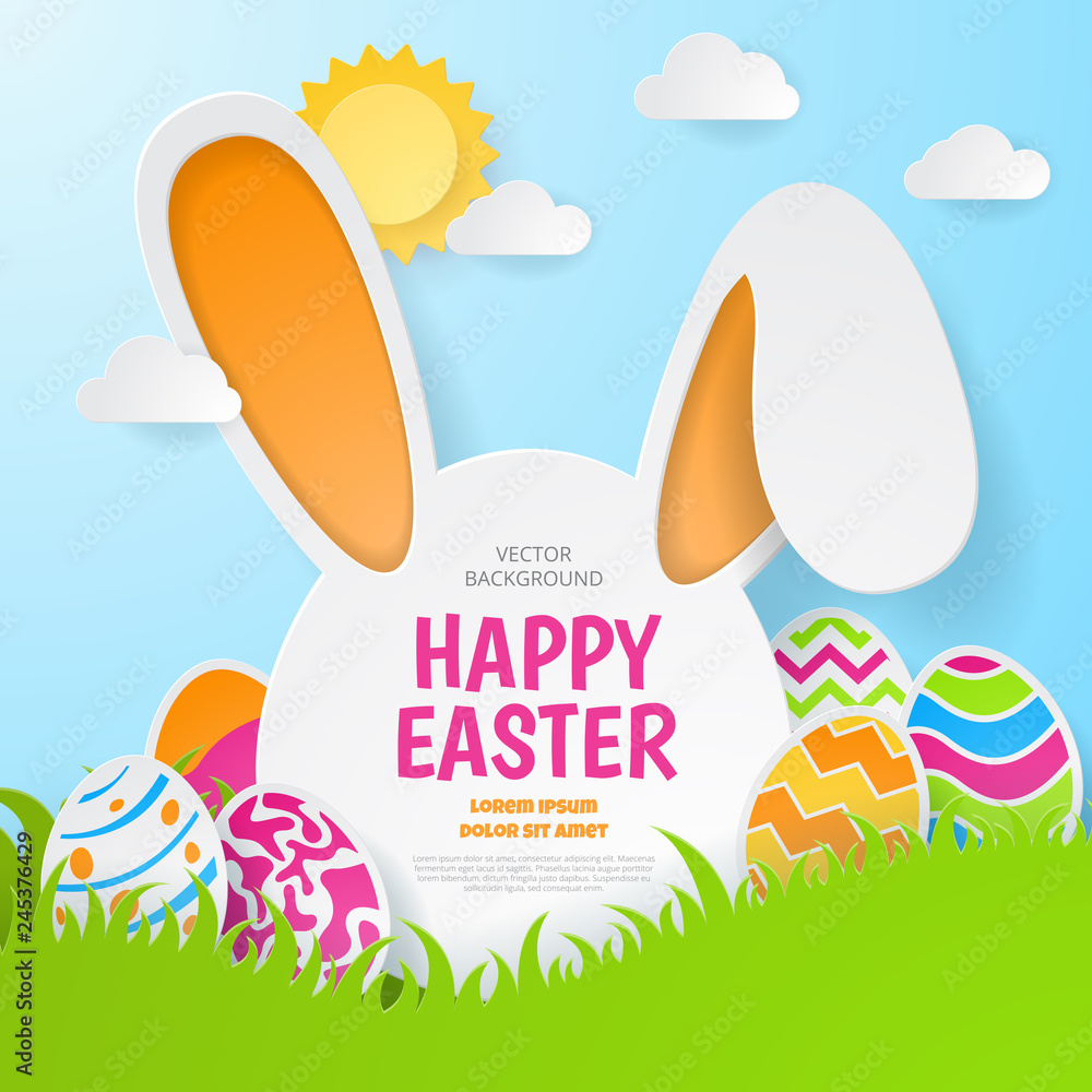 Happy easter background. Greeting Card. Paper cut style. Vector illustration
